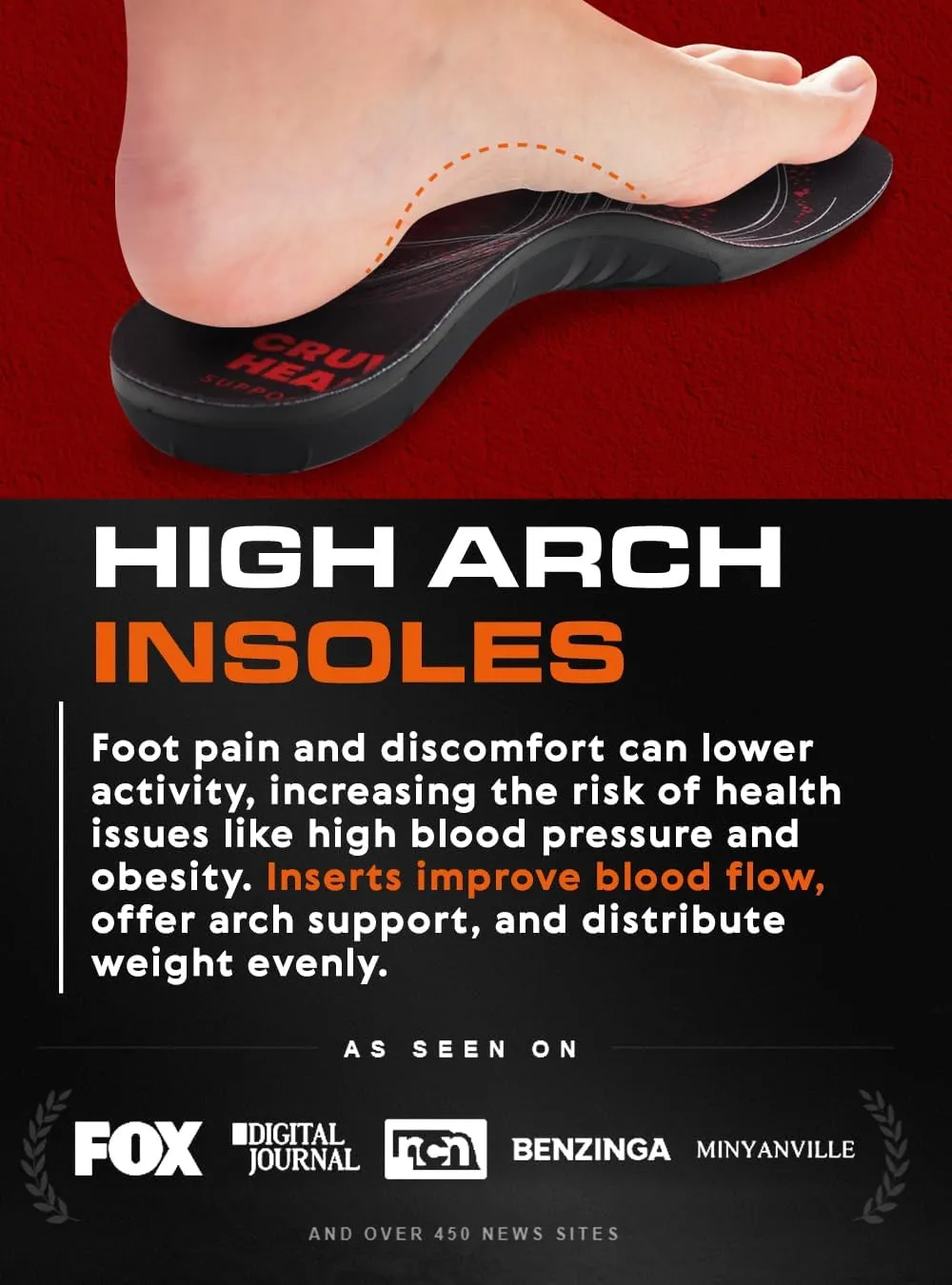 220  lbs Plantar Fasciitis High Arch Support Insoles Men Women - Orthotic Shoe Inserts - Boot Work Shoe Insole (L, Black)