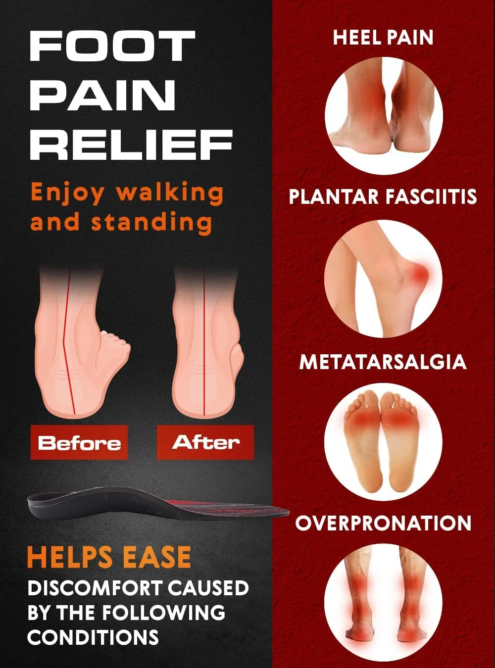220  lbs Plantar Fasciitis High Arch Support Insoles Men Women - Orthotic Shoe Inserts - Boot Work Shoe Insole (L, Black)