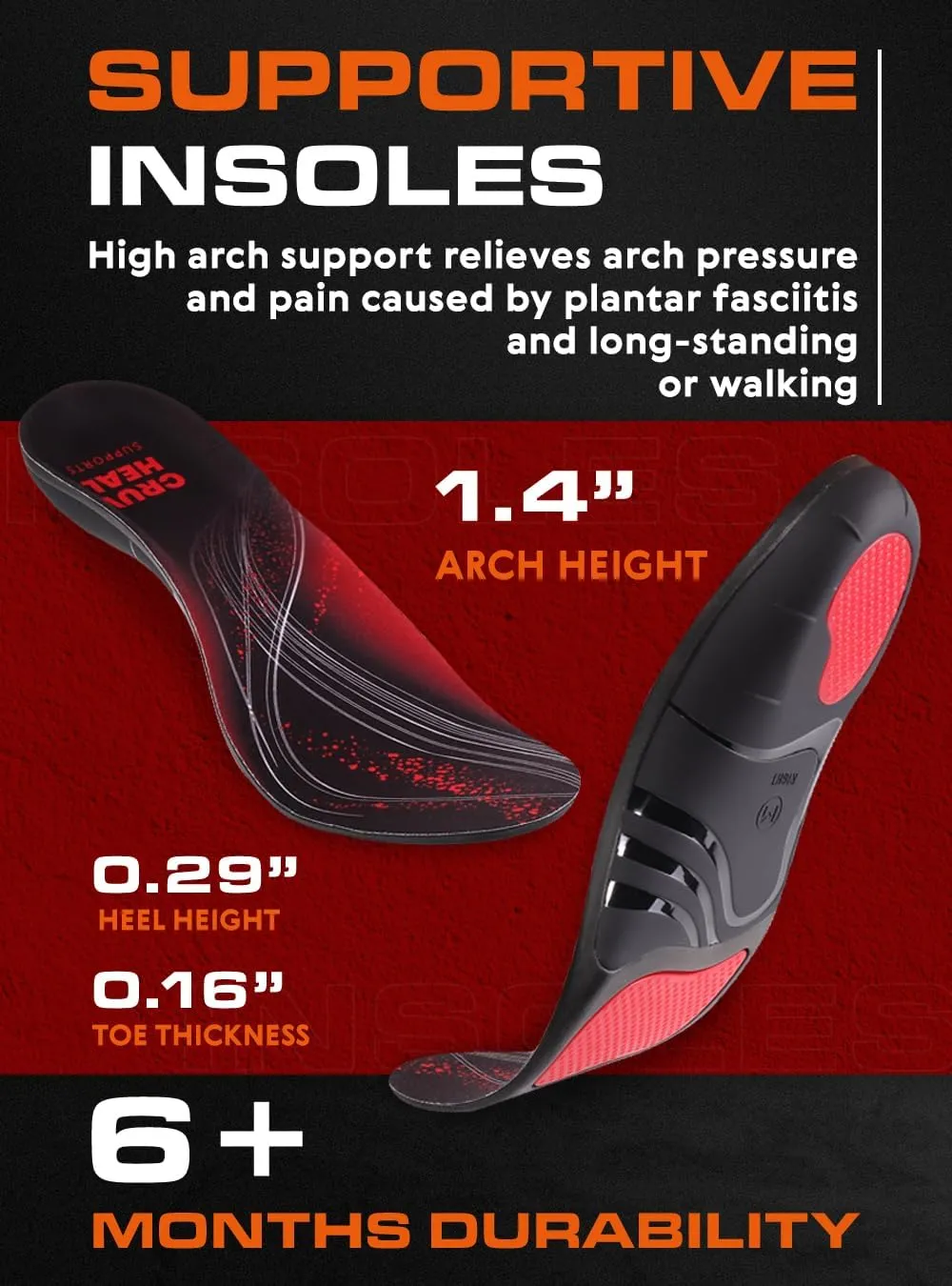 220  lbs Plantar Fasciitis High Arch Support Insoles Men Women - Orthotic Shoe Inserts - Boot Work Shoe Insole (L, Black)
