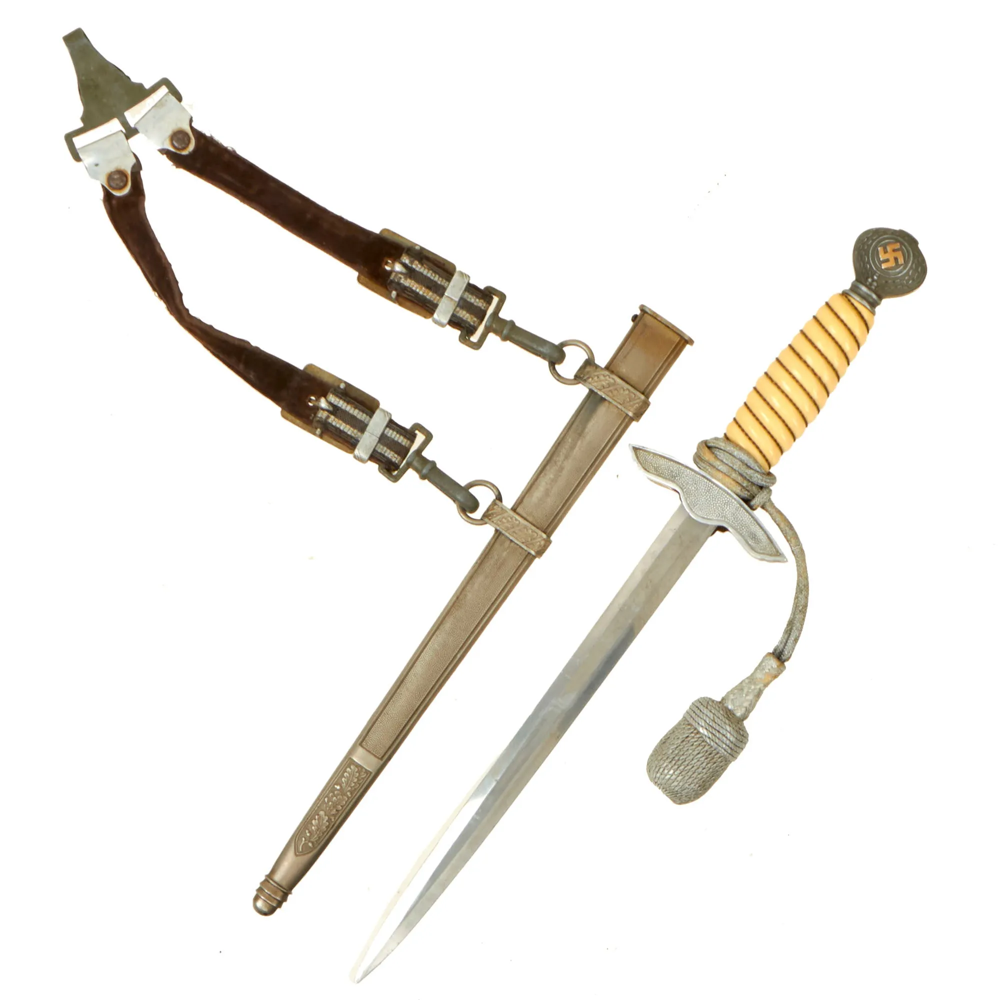 Original WWII German 2nd Model Luftwaffe Dagger with Scabbard, Hanger, and Portepee - Unmarked Blade